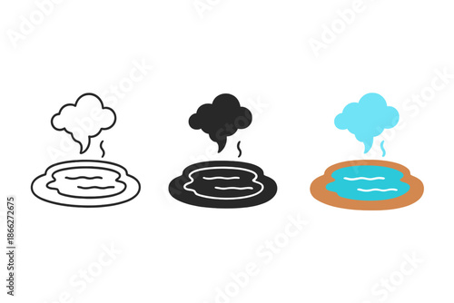 Geothermal Pool Styles. Hot geothermal pool with glowing water surface and misty cloud drifting above, first in line style with