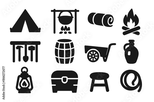 Mining Camp Icons. Solid style icons of Mining Camp: Tent, Cooking Pot, Bedroll, Fire Pit, Tool Rack, Barrel, Wagon, Water Jug,