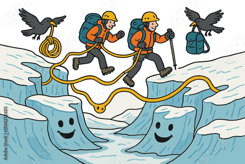 Glacier Adventure. Glacier crossing with happy ropes, playful crevasses, climbers balancing, and birds carrying gear No text, No