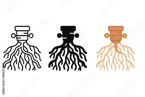 Fungal Network Art. Underground web, fungal strands, exchanging minerals, first in line style with thin outline, second in solid