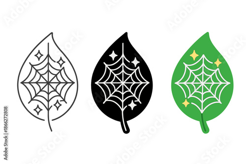 Spider Web Artistry. Spider web strands, tiny diamonds, leaf background, first in line style with thin outline, second in solid