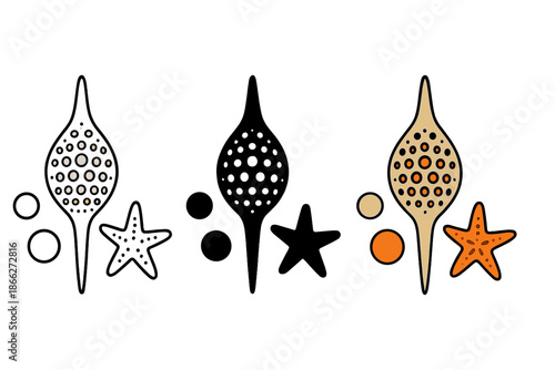 Radiolarian and Sand Art. Radiolarian skeleton, sand grains, tiny sea star, first in line style with thin outline, second in solid