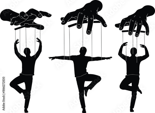 Human puppets controlled by dominant hands, metaphor for manipulation, control, autonomy loss, societal pressure, psychological influence, dramatic silhouette art