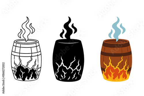 Burned Cask Variations. Half-burned cask, glowing cracks, smoke trails, first in line style with thin outline, second in solid