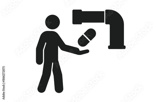 Capsule Delivery Icon. Solid style icon of a citizen receiving a capsule from a pneumatic tube slot, minimalist design,