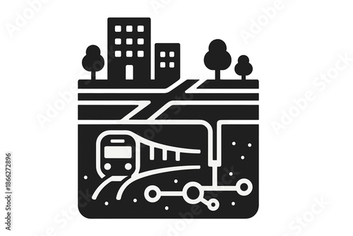 Urban Cross-Section Icon. Solid style icon of a cross-section of city streets with layers of subways and utilities, representing