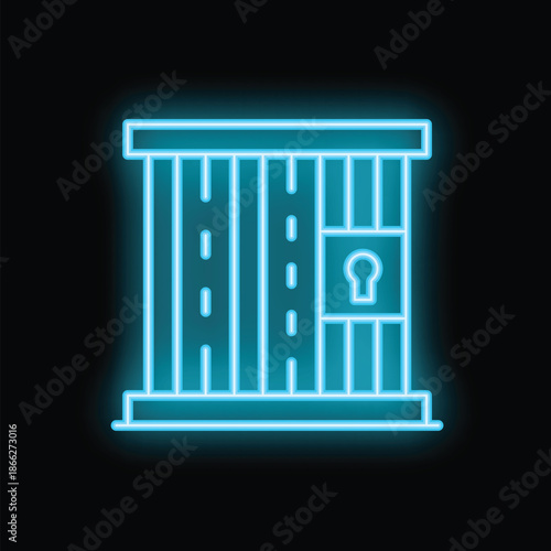 Bright blue neon icon of a jail cell is glowing against a dark background