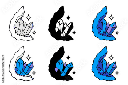 Geode Crystals Art. Jagged geode crack with shimmering interior crystals, simple minimal vector illustration, first in line style