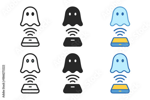 Floating Spectral Smartphone. Ghostly figure hovering over smartphone emitting signal waves, minimal vector icon, first in line