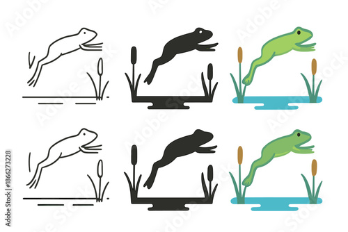 Leaping Frog Illustration. Frog mid-leap between cattails in wetland, simple minimalist vector illustration, first in line style