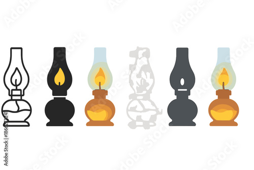Oil Lamp Variations. Oil lamp with wick producing soft light and subtle glow, abstract minimal vector illustration, first in line