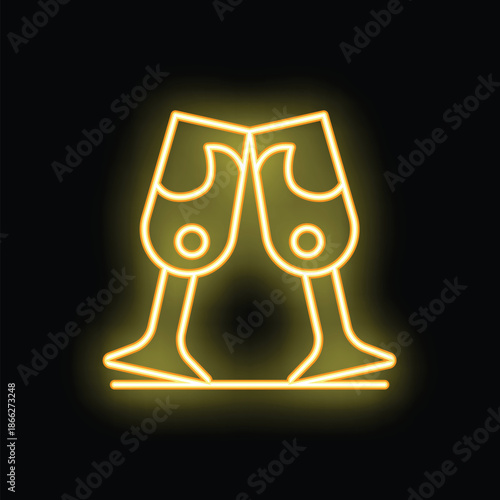 Neon sign depicting two champagne glasses clinking, set against a dark backdrop