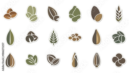 A collection of diverse seed and grain icons, showcasing variety in shape and texture