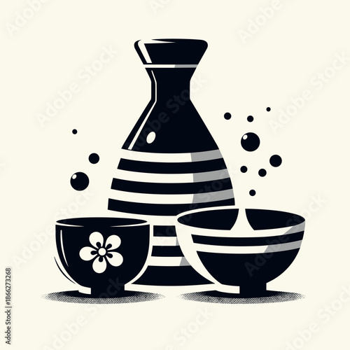 Illustration of sake bottle with cups on light background for beverage concept