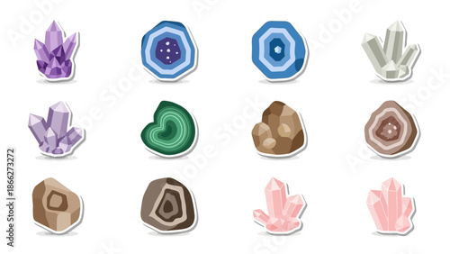 Collection of various sparkling crystal mineral stones and geodes, isolated on a white background, perfect for design projects