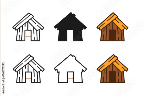 Tribal Hut Icons. Small tribal hut constructed from scrap timber and planks, minimal vector icon, first in line style with thin