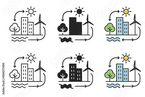 Symbiotic City Flow. Symbiotic city plan showing energy flow and ecological connections, abstract minimal vector illustration,