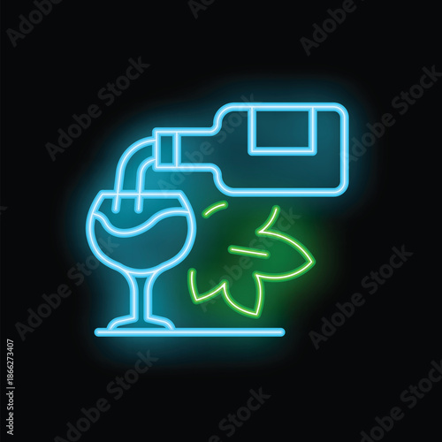 Neon sign of a wine bottle pouring wine into a glass, with a cannabis leaf in the background