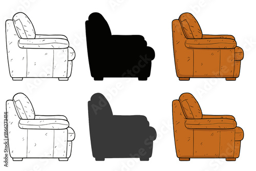 Stylish Armchair Variations. Side view of worn leather armchair with soft cushions and visible texture, simple minimalist vector