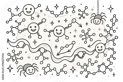 Cheerful Molecular Doodle. Magical doodle molecular silk modeling with cheerful proteins, cartoon bonds and chains waving, smiling