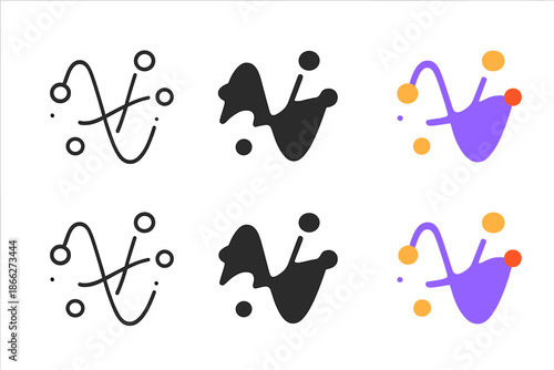 Quantum Waveform Variations. Disrupted quantum waveform with scattered nodes and fading edges, simple minimal vector icon, first