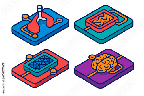 Organ-on-Chip Icons. Isometric vector illustration set Organ-on-Chip System: Lung cell stretch chamber, gut lining channel, kidney