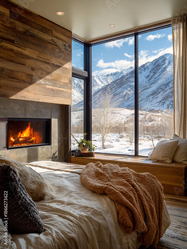 Bright luxury bedroom with a wood-burning fireplace and panoramic views of snow-covered mountains in winter