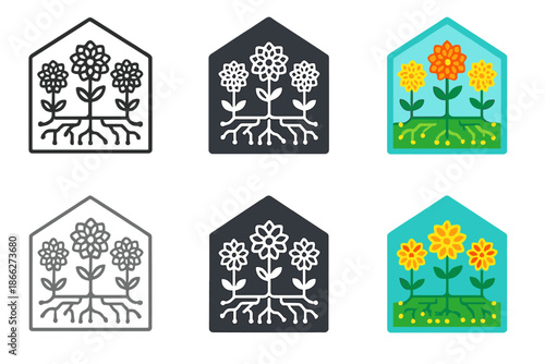 Algorithmic Floral Greenhouse. Digital greenhouse filled with algorithmic flora, geometric flower patterns growing from neural