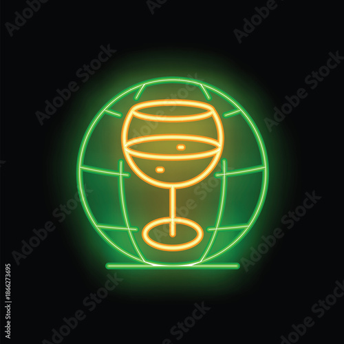 Neon sign illuminating the concept of global wine culture with a wine glass placed inside an earth globe