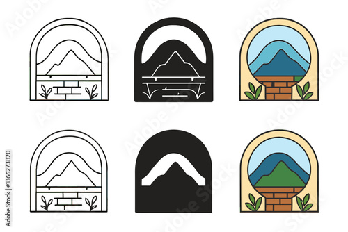 Circular Mountain View. Circular viewing window framing mountain silhouette beyond garden wall, symbolic connection of