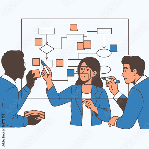 Three focused employees efficiently collaborate to solve a complex flowchart using markers on a large glass whiteboard, depicted in a 2D flat graphic illustration