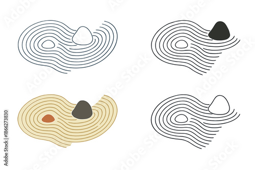 Zen Rock Garden Patterns. Parallel raked sand lines flowing gently around two stones, elegant asymmetry inspired by karesansui