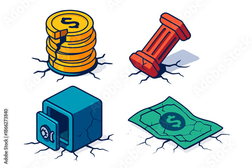 Economic Collapse Icons. Isometric vector illustration set Symbolism of Economic Collapse: Broken coin stack, toppled financial