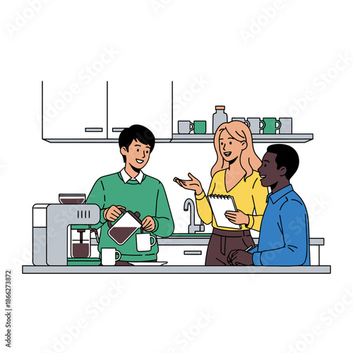 Three happy colleagues chat and laugh during a coffee break in a sleek office kitchenette, featured in a clean 2D flat graphic style, illustrating informal team bonding and a positive work atmosphere