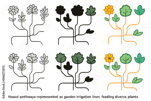 Neural Garden Irrigation. Overhead view of neural pathways represented as garden irrigation lines feeding diverse plants, clean