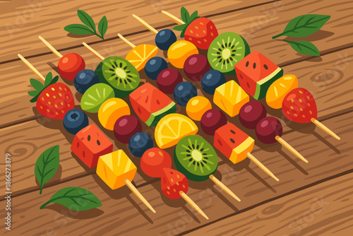Vibrant Fruit Skewers. Colorful fruit skewers on a rustic wooden table, vibrant tones and natural lighting, playful and fresh,