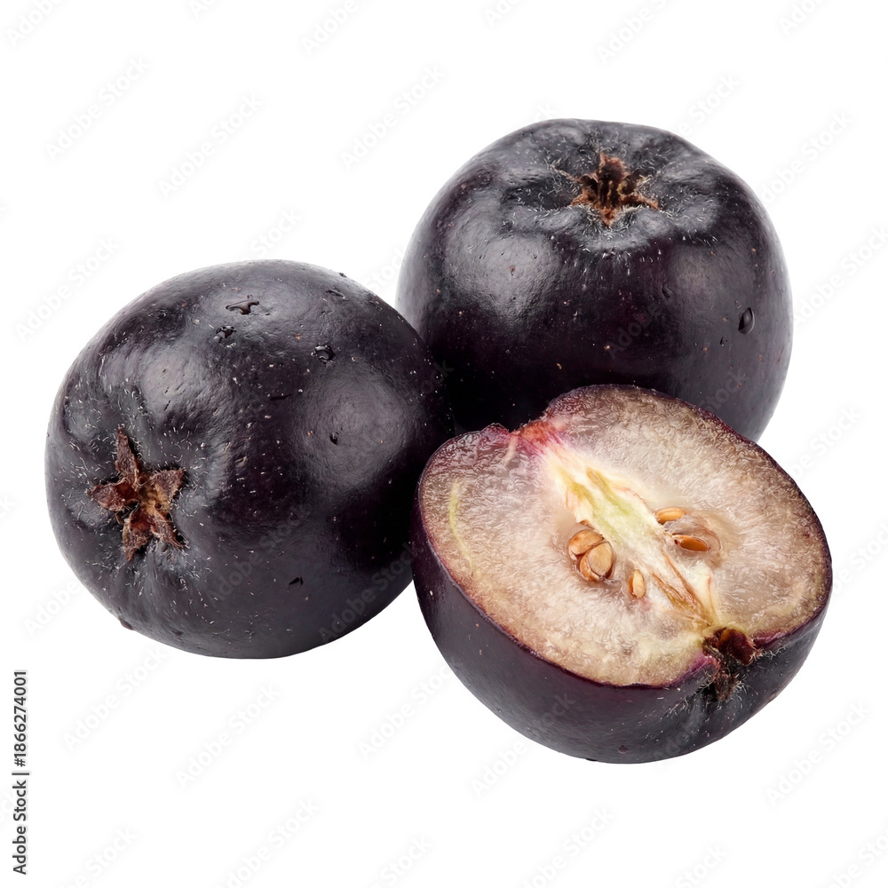 Obraz premium Fresh black sapote fruit shown whole and halved, revealing dark glossy skin and pale creamy flesh with seeds, highlighting exotic tropical produce, natural texture, ripeness, and nutritional appeal.