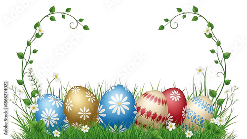 Colorful Easter Eggs on Green Grass with Floral Frame – Spring Holiday Background