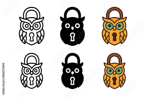 Owl Gate Lock Design. Ancient library gate lock shaped like an owl with a keyhole at the center, clean minimalist vector icons,