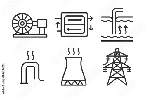 Geothermal Power Icons. Line style icons of Geothermal Power Plants: turbine generator, heat exchanger, geothermal well, steam
