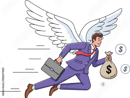 Business angel investor flying with wings, money bag, briefcase, financial success, cartoon style, startup funding, venture capital, flat vector illustration