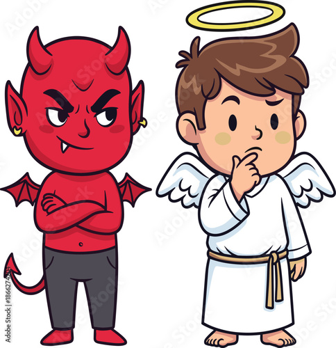 Cute cartoon boy characters as angel and devil representing good and evil conscience moral choice and ethical dilemma isolated vector