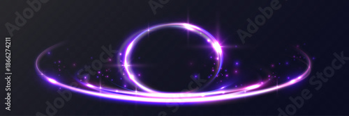 Glowing purple neon magic ring with sparkling energy trails and orbit effect isolated on transparent backgrounds