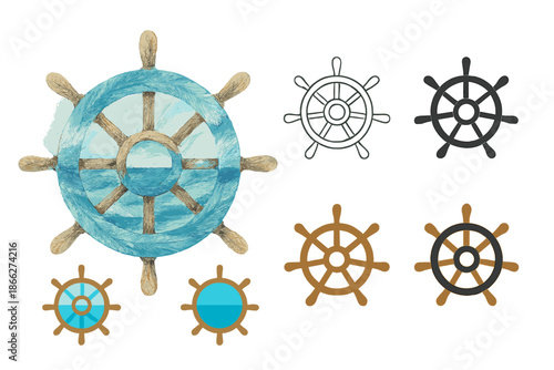 Feathered Nautical Wheel. Nautical wheel made of feather textures blending sea and sky elements, clean geometric vector icons,