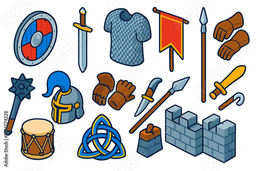 Viking Weapons & Armor. Isometric vector illustration set Sword & Shield: Viking round shield with metal rim, straight longsword,