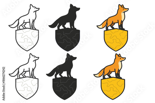Fox on Shield. Fox standing proudly atop a shield that displays faint map contours, smooth modern vector illustration, first in