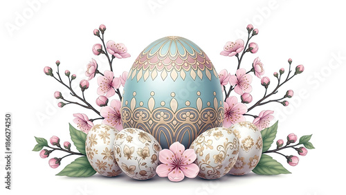 Elegant Decorative Easter Egg with Pink Cherry Blossoms – Spring Floral Illustration