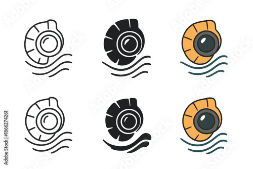 Spiral Seashell Camera Icons. Camera lens shaped like a spiral seashell with soft wave patterns around, minimalist vector icon set