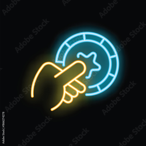 Neon sign of a hand pointing a casino chip with index finger on black background