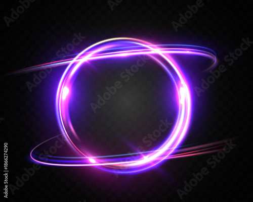 Glowing neon circular light ring with dynamic purple and blue energy trails isolated on transparent backgrounds